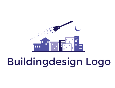 flying broom in city with moon logo