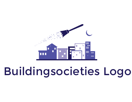 flying broom in city with moon logo