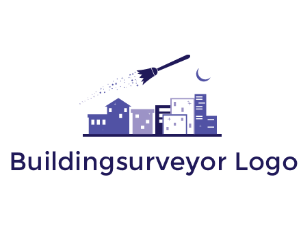flying broom in city with moon logo