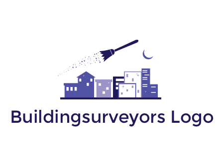 flying broom in city with moon logo