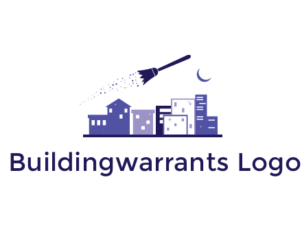 flying broom in city with moon logo