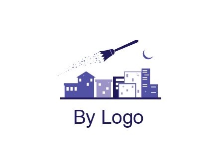 flying broom in city with moon logo