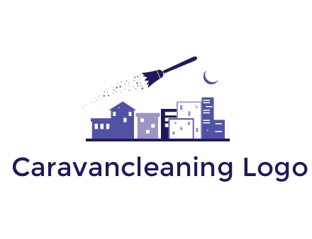 flying broom in city with moon logo