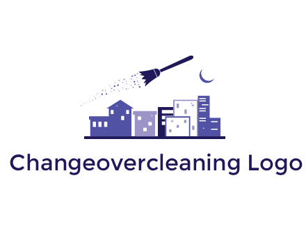flying broom in city with moon logo