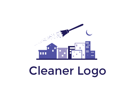 flying broom in city with moon logo