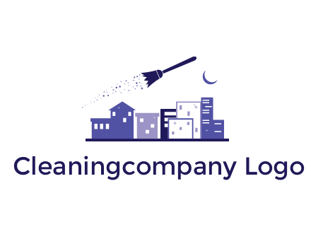 flying broom in city with moon logo