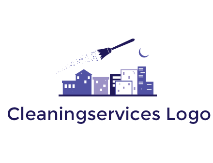 flying broom in city with moon logo