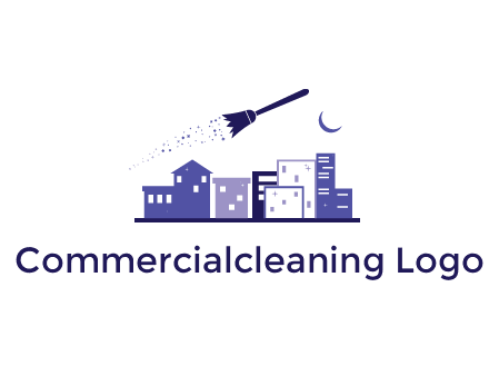 flying broom in city with moon logo