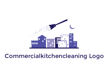 flying broom in city with moon logo