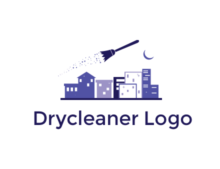 flying broom in city with moon logo