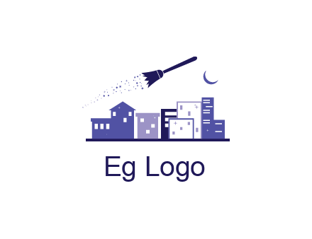 flying broom in city with moon logo