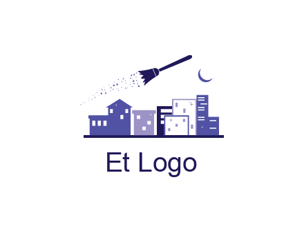 flying broom in city with moon logo