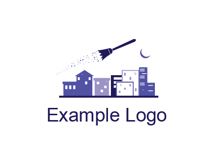 flying broom in city with moon logo