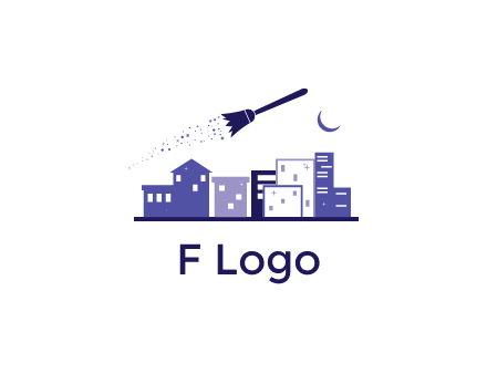 flying broom in city with moon logo