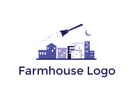 flying broom in city with moon logo