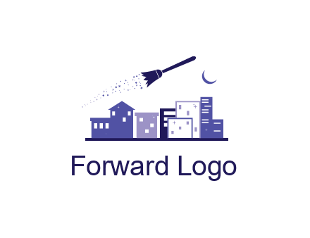 flying broom in city with moon logo