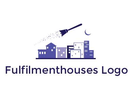 flying broom in city with moon logo
