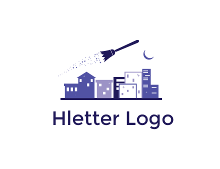 flying broom in city with moon logo