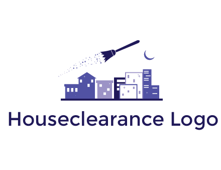 flying broom in city with moon logo