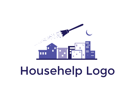 flying broom in city with moon logo