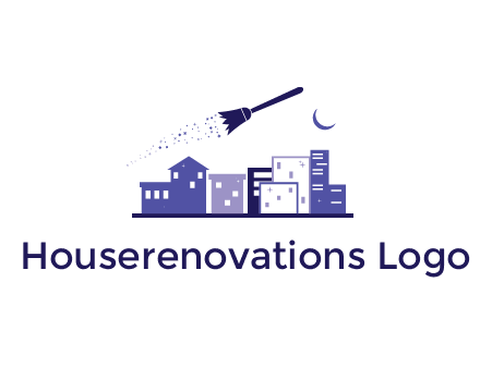 flying broom in city with moon logo