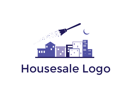 flying broom in city with moon logo