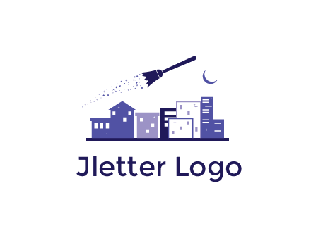 flying broom in city with moon logo