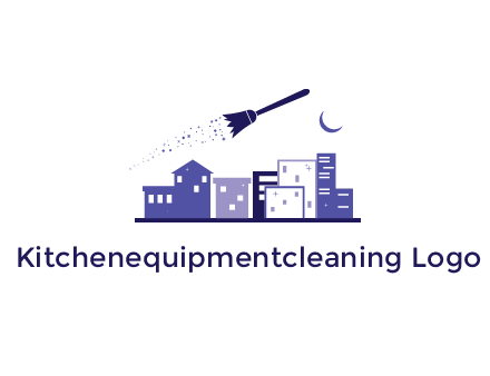 flying broom in city with moon logo