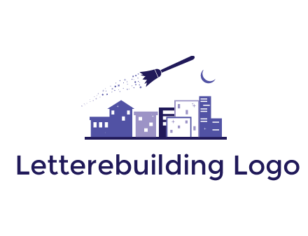 flying broom in city with moon logo