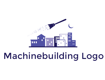 flying broom in city with moon logo