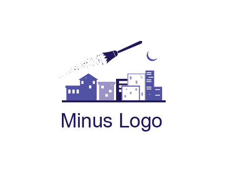 flying broom in city with moon logo