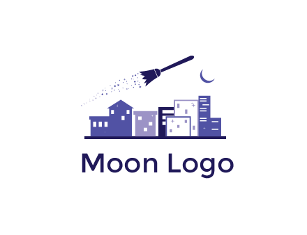 flying broom in city with moon logo