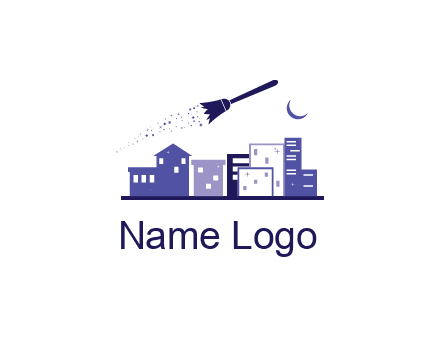 flying broom in city with moon logo