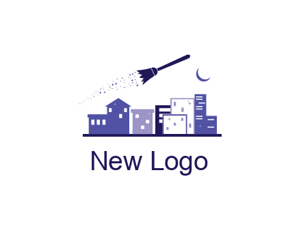 flying broom in city with moon logo