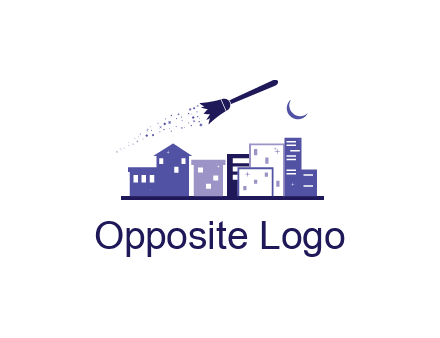 flying broom in city with moon logo
