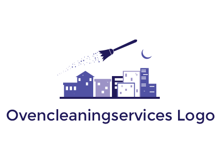 flying broom in city with moon logo