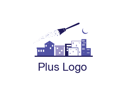 flying broom in city with moon logo