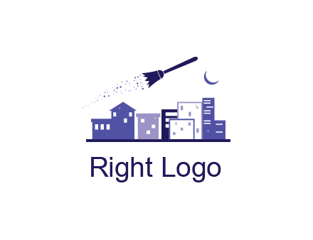 flying broom in city with moon logo