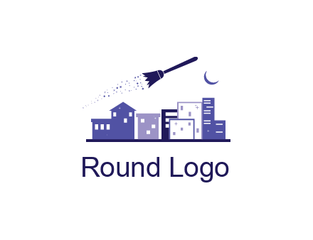 flying broom in city with moon logo