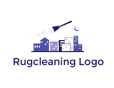flying broom in city with moon logo