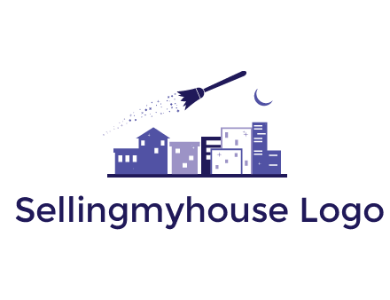 flying broom in city with moon logo