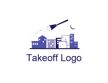 flying broom in city with moon logo