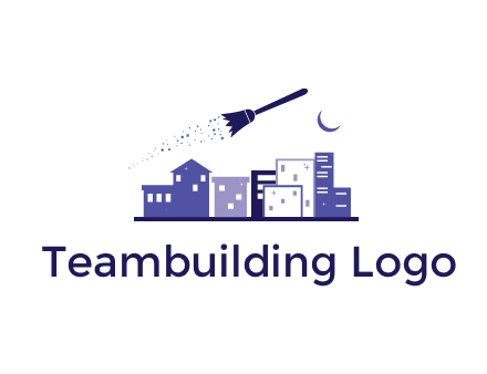 flying broom in city with moon logo