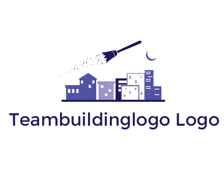 flying broom in city with moon logo