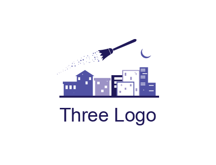 flying broom in city with moon logo