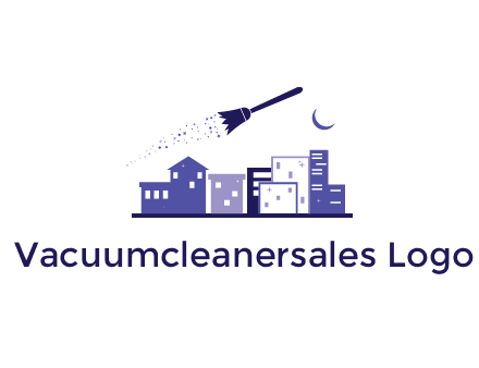 flying broom in city with moon logo