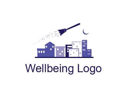 flying broom in city with moon logo
