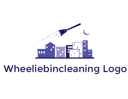 flying broom in city with moon logo