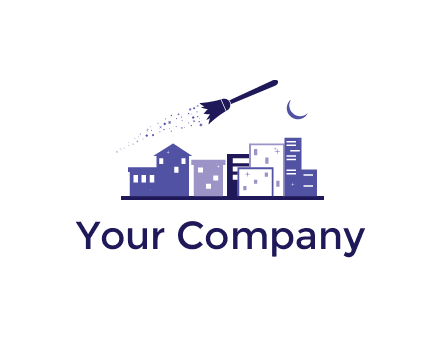 flying broom in city with moon logo