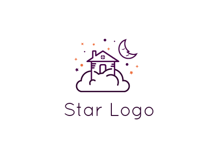 house on cloud with moon and stars logo